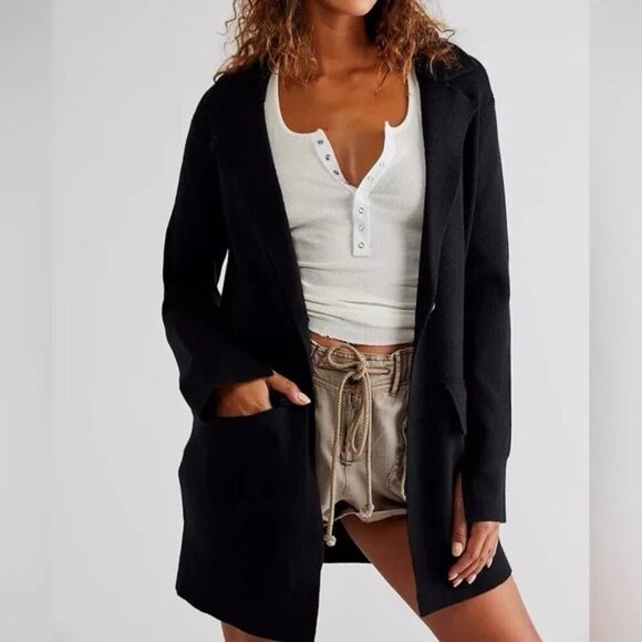 Free People Cardigan Sweater Blazer Women’s Small Black Sarah Knit Long Line - Picture 1 of 6